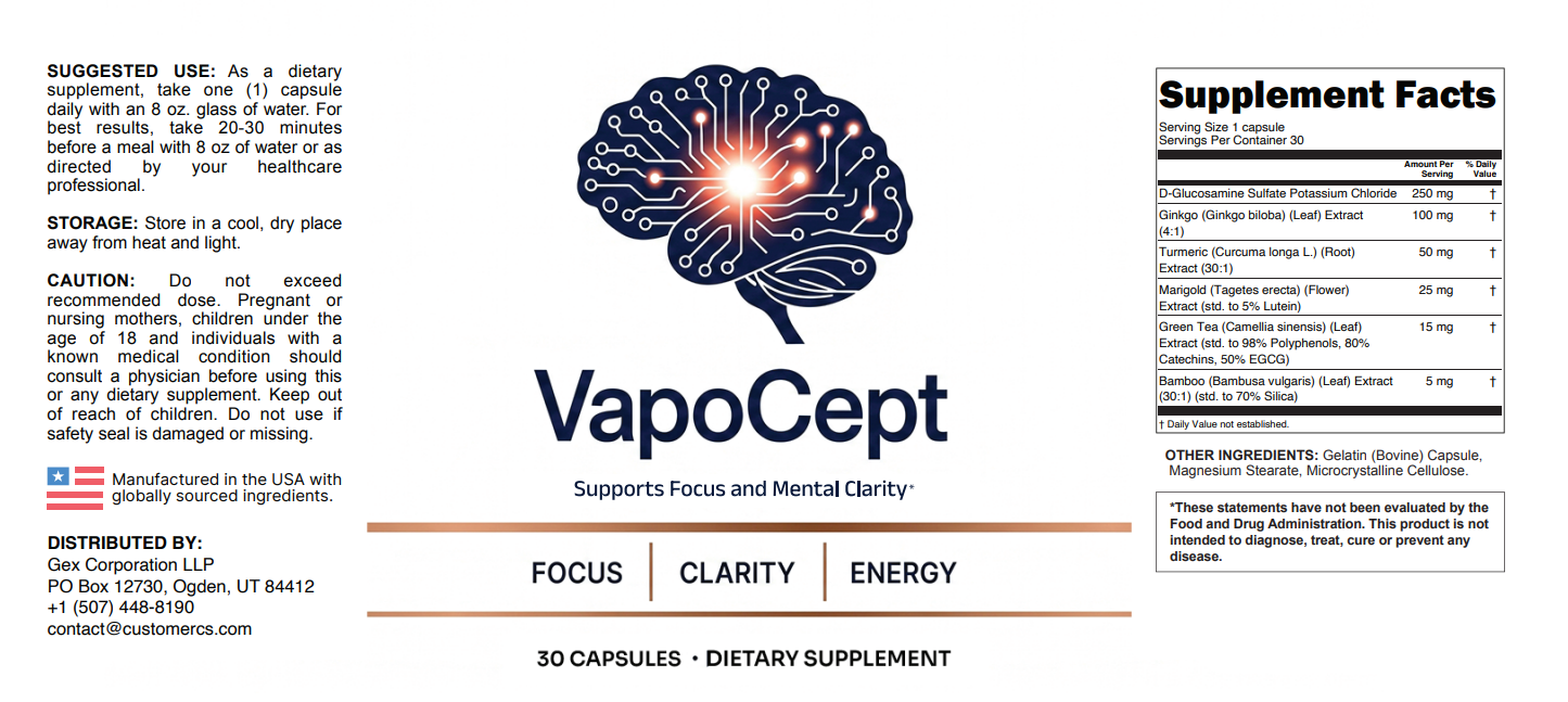 VapoCept Supplement Facts label showing all six ingredients and doses